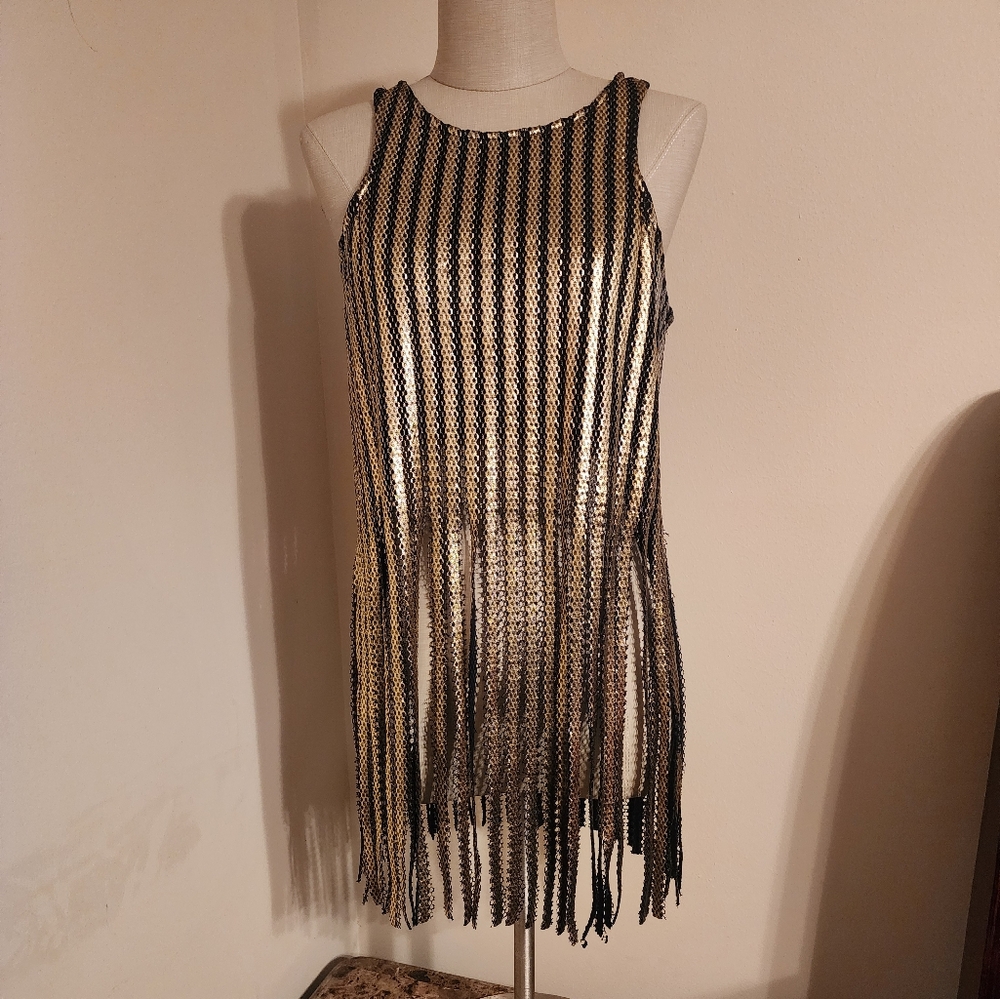 Wild Cat Metallic Gold And Black Crop Top With Fringe.  Size Small.